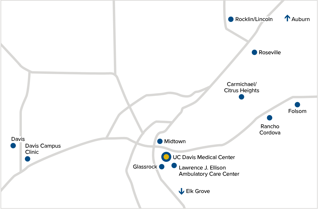 Map of clinic locations throughout the Sacramento region.